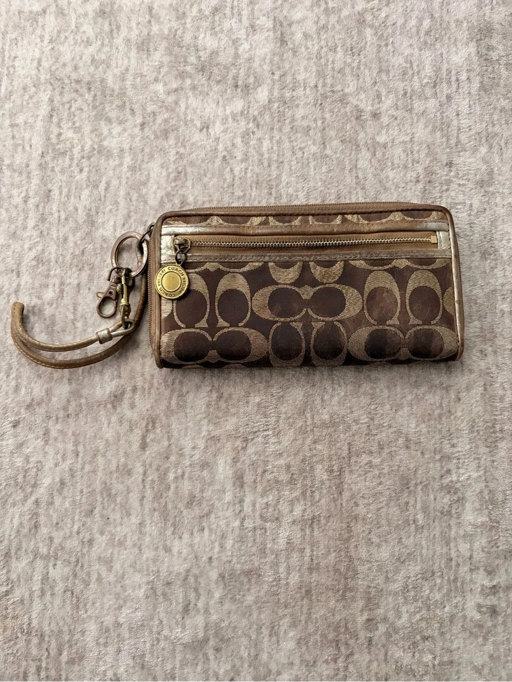 Coach Brown Signature Canvas Wristlet with Gold Accents